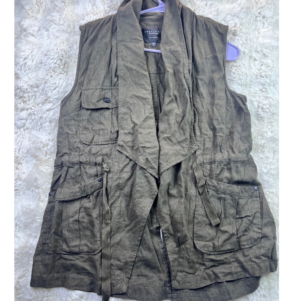 Sanctuary Clothing Olive Green Linen Utility Vest Draped Cargo Pockets Sz A40